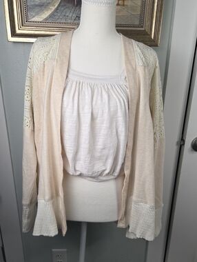 Anthropologie Cream Open-Front Crochet Shoulder Oversized  Cardigan NWT